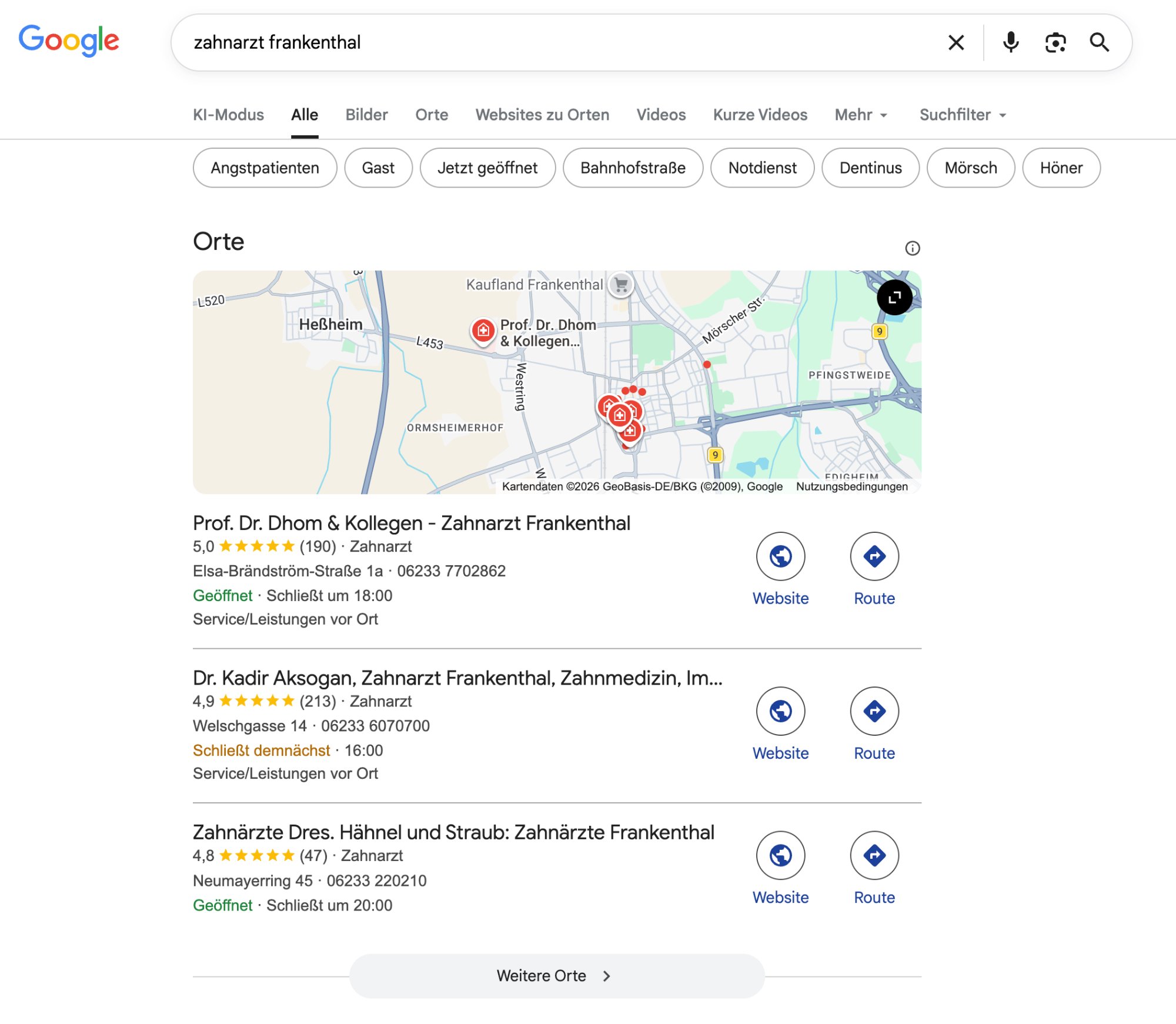 Google Suche: Zahnarzt Frankenthal – Prof. Dr. Günter Dhom auf Platz 1