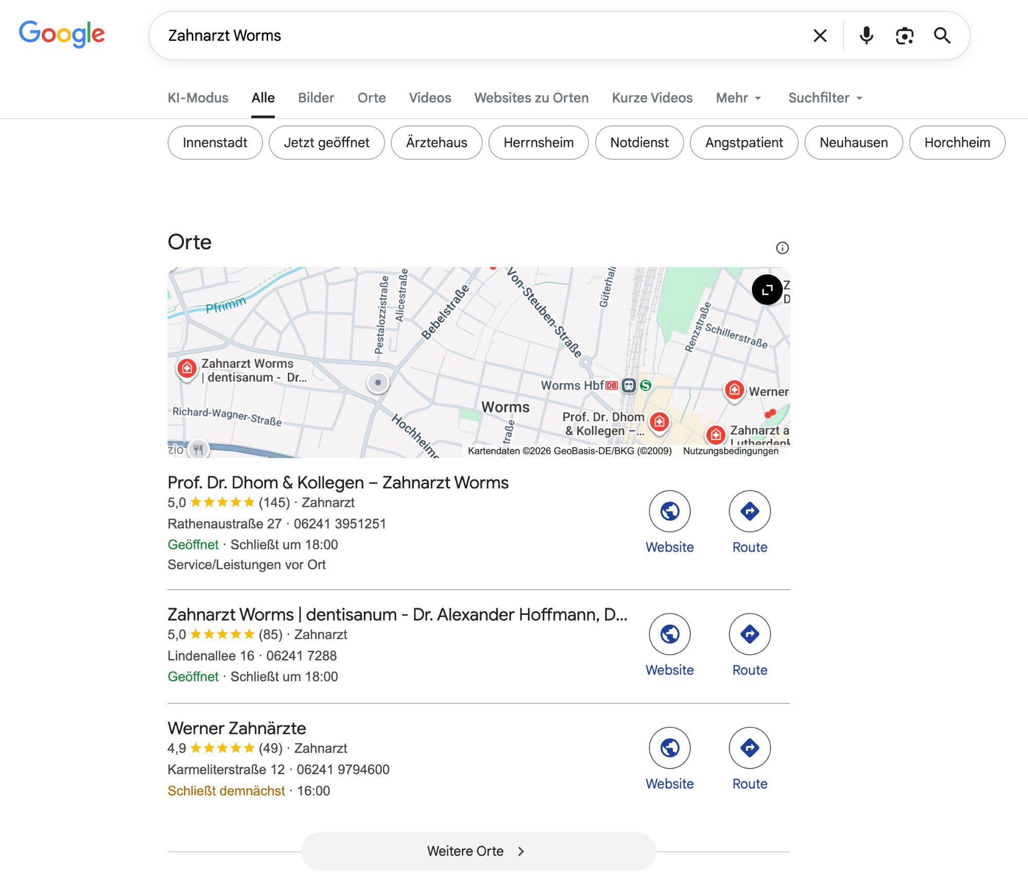 Google Suche: Zahnarzt Worms – Prof. Dr. Günter Dhom auf Platz 1