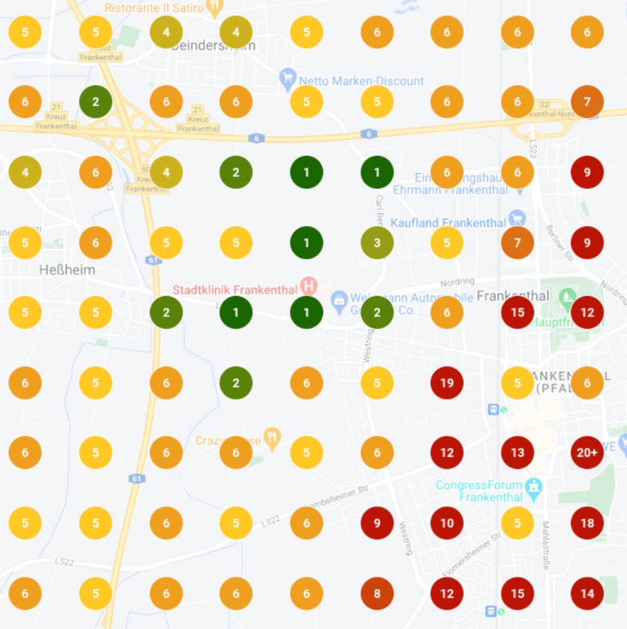 Sichtbarkeit Zahnarzt Frankenthal vorher – überwiegend gelb/rot